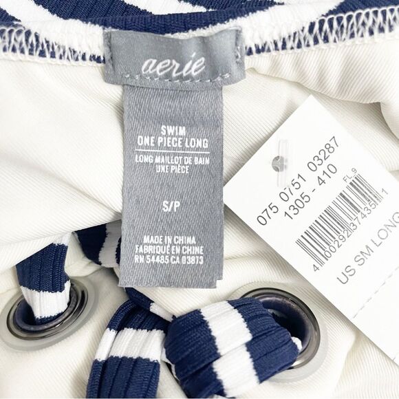 NWT Aerie Lace-Up One Piece Swimsuit Navy & White Stripes Size Small Long NEW - Picture 9 of 12